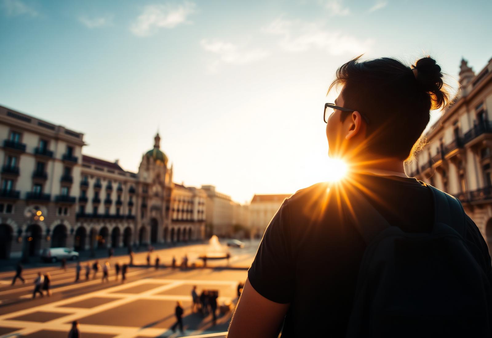 Estudiante contemplando una plaza histórica en España al atardecer
